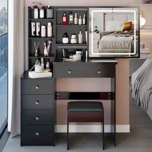 37" Middle Size Left Bedside Cabinet Vanity Table + Cushioned Stool, Large Sliding, Touch Control, Tri-color Switching, Brightness Adjust LED Mirror, High Capacity Storage, Suitable for Middle Space vanity  without  let vanity  with  chair
