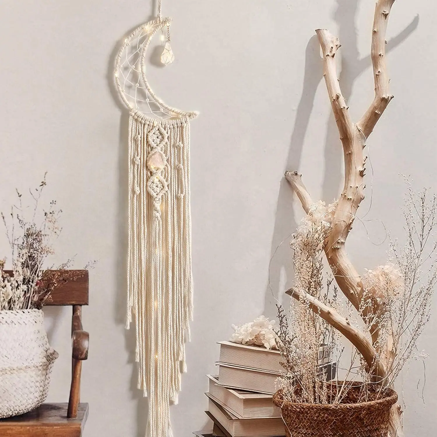 Macrame Woven Wall Hanging Moon Dream Catcher with   Stone- Boho Chic Bohemian  Decor Wall Art Decor with String Lights - Beautiful Apartment Dorm Room Door Decoration