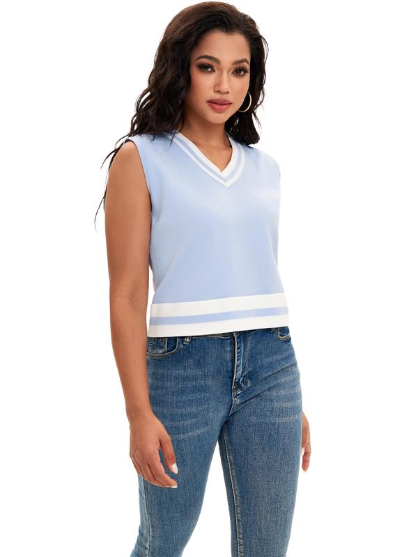 ATHLECHIC Women's Summer Crop Tops Knit Vest Color Block Sleeveless V Neck Tank Tops Loose Fit Tops Light Blue White