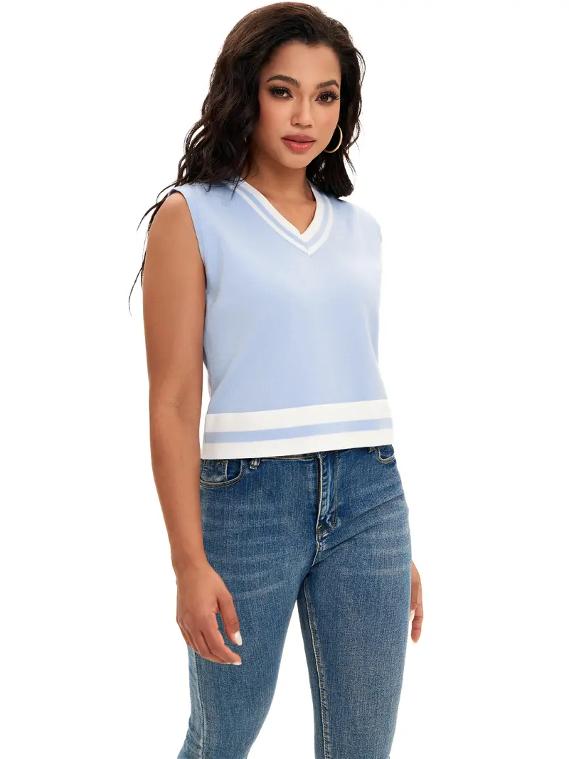 ATHLECHIC Women's Summer Crop Tops Knit Vest Color Block Sleeveless V Neck Tank Tops Loose Fit Tops Light Blue White
