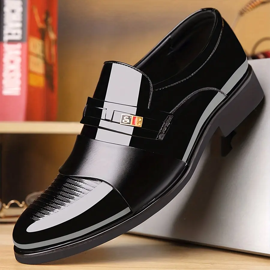 Men's Glossy Formal Slip - on Shoes for Office & Events Business Footwear Black