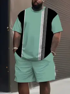 Men's Fashion Striped Print Short Sleeve Round Neck T-Shirt and Drawstring Shorts Set, Loose-Fitting Casual for All Seasons