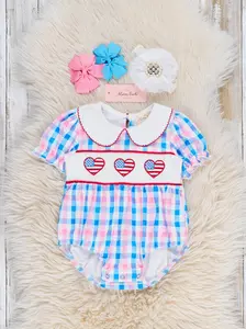 USA Heart Embroidered Plaid Bubble Romper