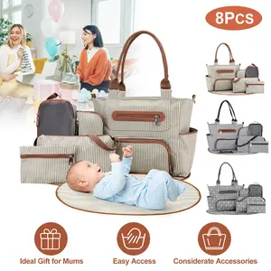 8PCS Baby Diaper Bag Set - Spacious 12-Pocket Design with Bottle Bag, Diaper Pad & Burp Cloths - 2 Carrying Ways, Wide Opening for Easy Access - Ideal for Parents