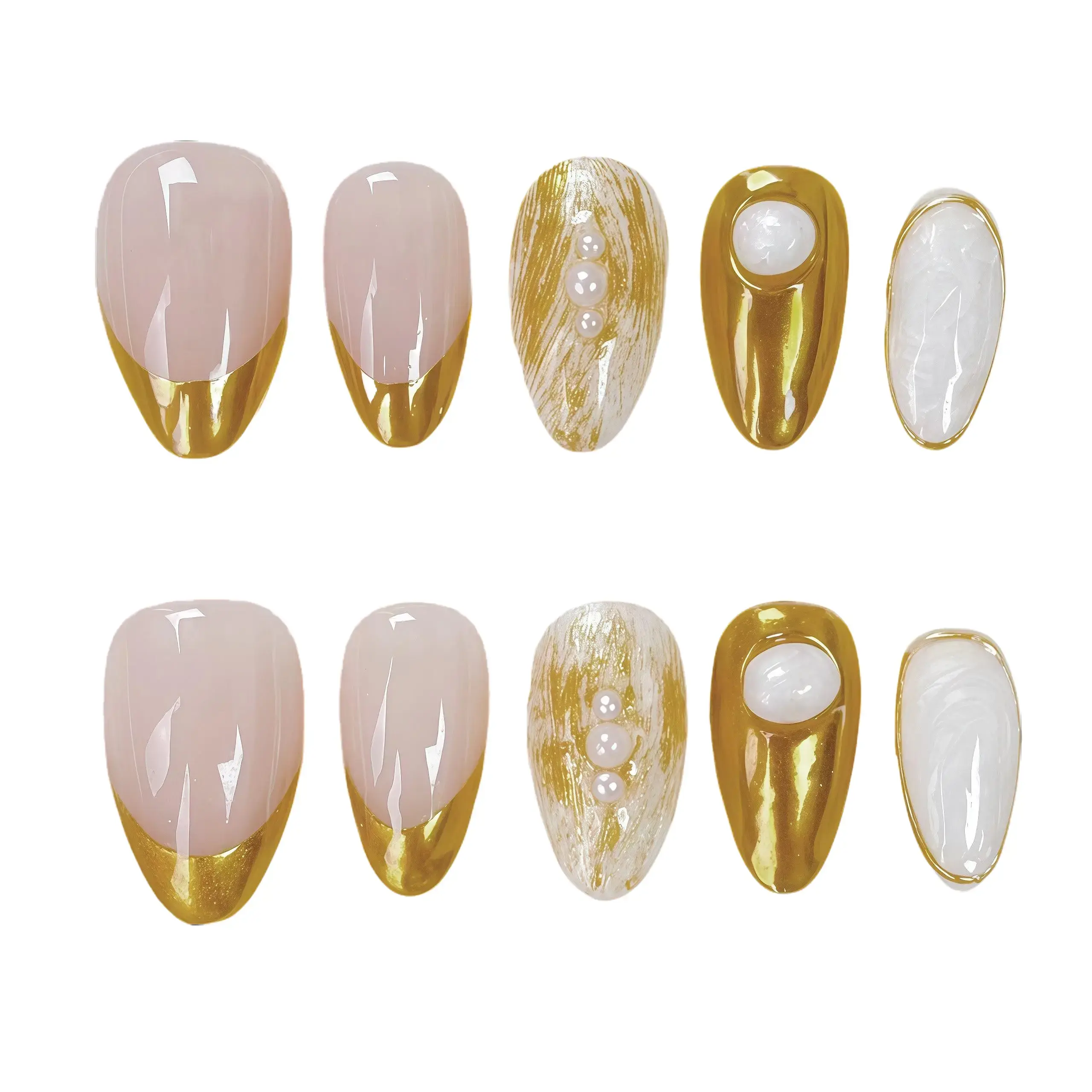 Handmade | Golden French Pearl Press On Nails | Aura Nail | 10 Pcs | Glossy Natural Finish | Easy Apply, Comfortable & Durable | Daily, Business & Elegant Nail Art | Dating Exclusive