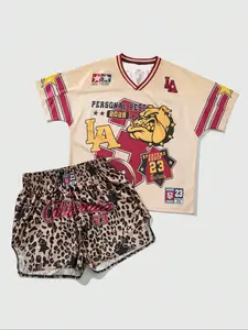 Men's Bear Print Short Sleeve Tee & Leopard Print Shorts Two-piece Set, Loose Casual Round Neck T-shirt & Shorts, Summer Clothes Set for Men, Matching Sets