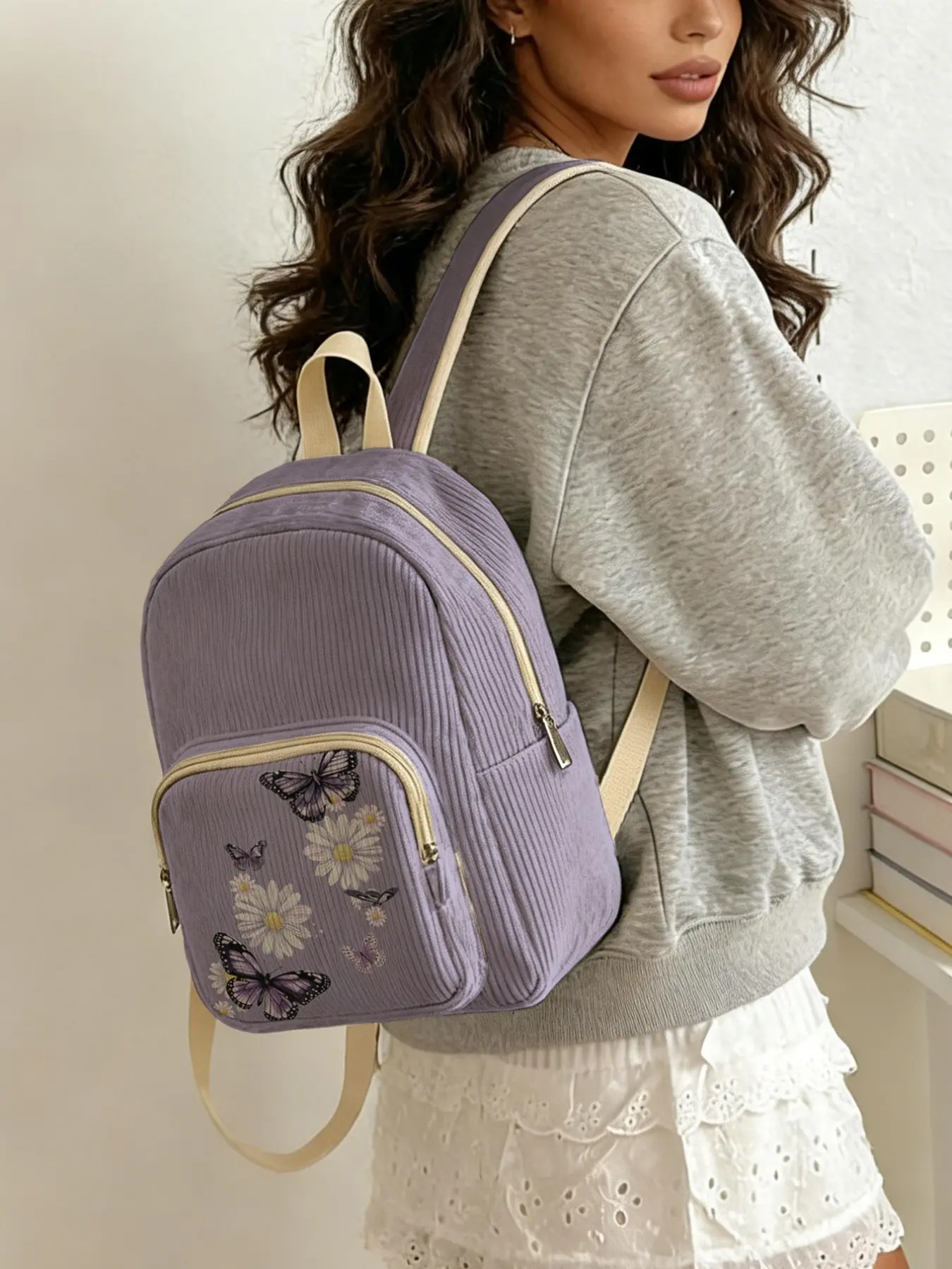 1 piece of daisy butterfly pattern 2D printed lady's backpack, velvet texture + layered storage + light weight reduction, Lightweight Casual Daypack, Traveling Daypack, perfect for students to go to class/shopping/short trips