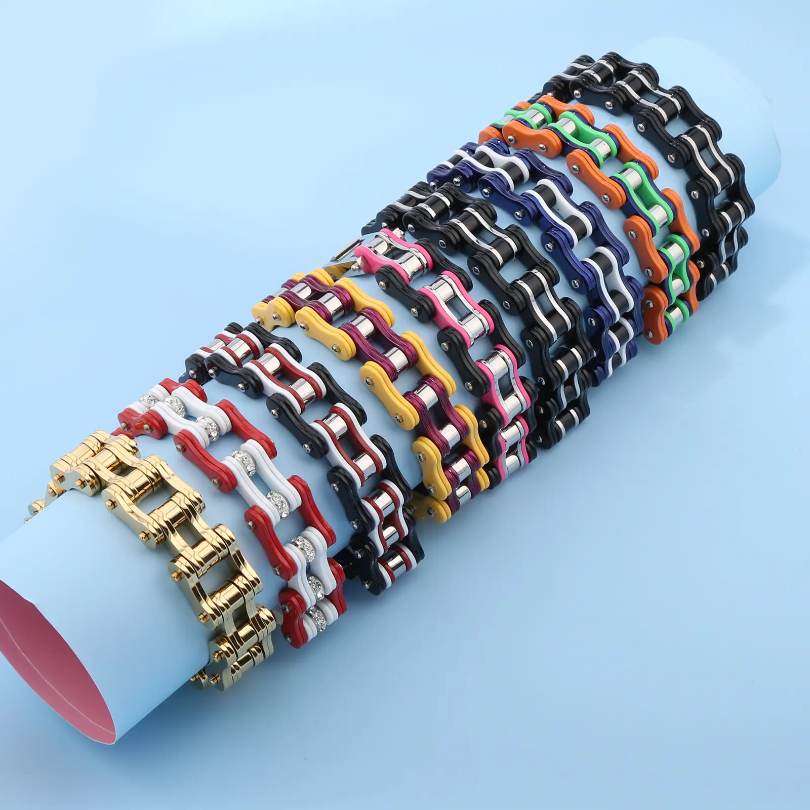 Rock Stainless Steel Motorcycle Chain Bracelet, Two-Tone Colorful Bicycle Link Bangle, Trendy Unisex Streetwear Accessory, Durable Metal Chain for Daily Casual Outfit.