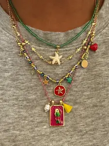 Bohemian Handmade Beaded Colorful Square Fish & Starfish Pendant Necklace Set, Multilayer Jewelry for Women, Ideal for Daily Wear, Parties, Beaches, Necklace for Daughter