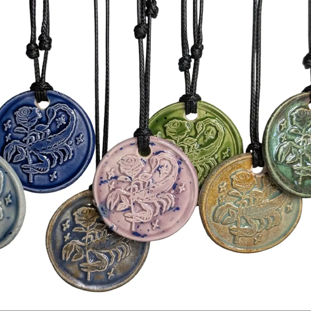 Scorpion Rose Handmade Ceramic Pendant Y2K Style Boho Hippie Whimsical Choker Adjustable Black Corded Necklace Clay Charms Jewelry