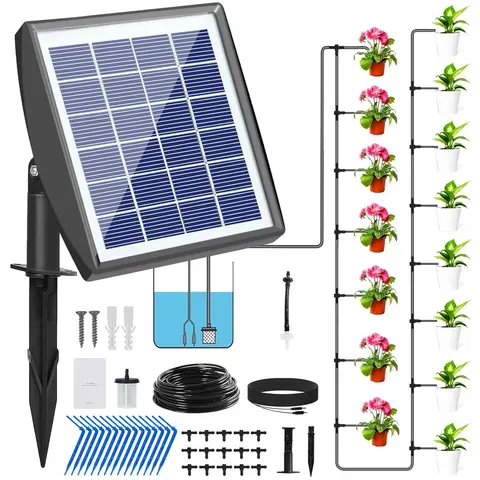 Solar Automatic Drip Kit with Pump + Sensor, Solar Controller, Anti-Siphoning Device, 10/20 Drip-Stakes, 10m Tubing, 6/12 Auto Timing Modes, 5-Minute Cycle, Easy DIY Irrigation Stick Watering Equipment for Balconies, Ideal for 10 or 20 Potted Plants