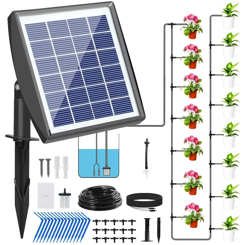 Solar Automatic Drip Kit with Pump + Sensor, Solar Controller, Anti-Siphoning Device, 10/20 Drip-Stakes, 10m Tubing, 6/12 Auto Timing Modes, 5-Minute Cycle, Easy DIY Irrigation Stick Watering Equipment for Balconies, Ideal for 10 or 20 Potted Plants