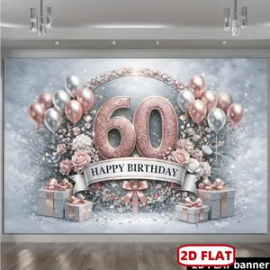 2D Flat, 2D Flat Banner: 2D Flat Rose Golden Sixtieth Birthday Party Backdrop with Light Gray Vertical Stripes, Rose Golden Glitter "152.4cm Numerals, Silvery Ribbon Lettering, Rose Golden and Silvery Balloons,