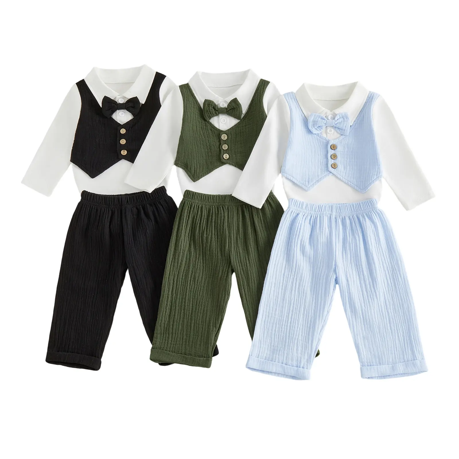 Infant Baby Boy Gentleman Outfits Fake Two-Piece Long Sleeve Romper with Bowtie and Pants 3 Piece Fall Set 0-18 Months