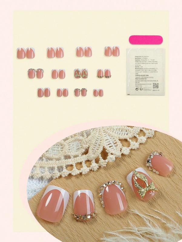 24Pcs Short Square Press-On Nails with White French Tips & Crystal Bow Rhinestone Decor - Nude Pink Base, Elegant Glamour for Daily or Occasion Wear