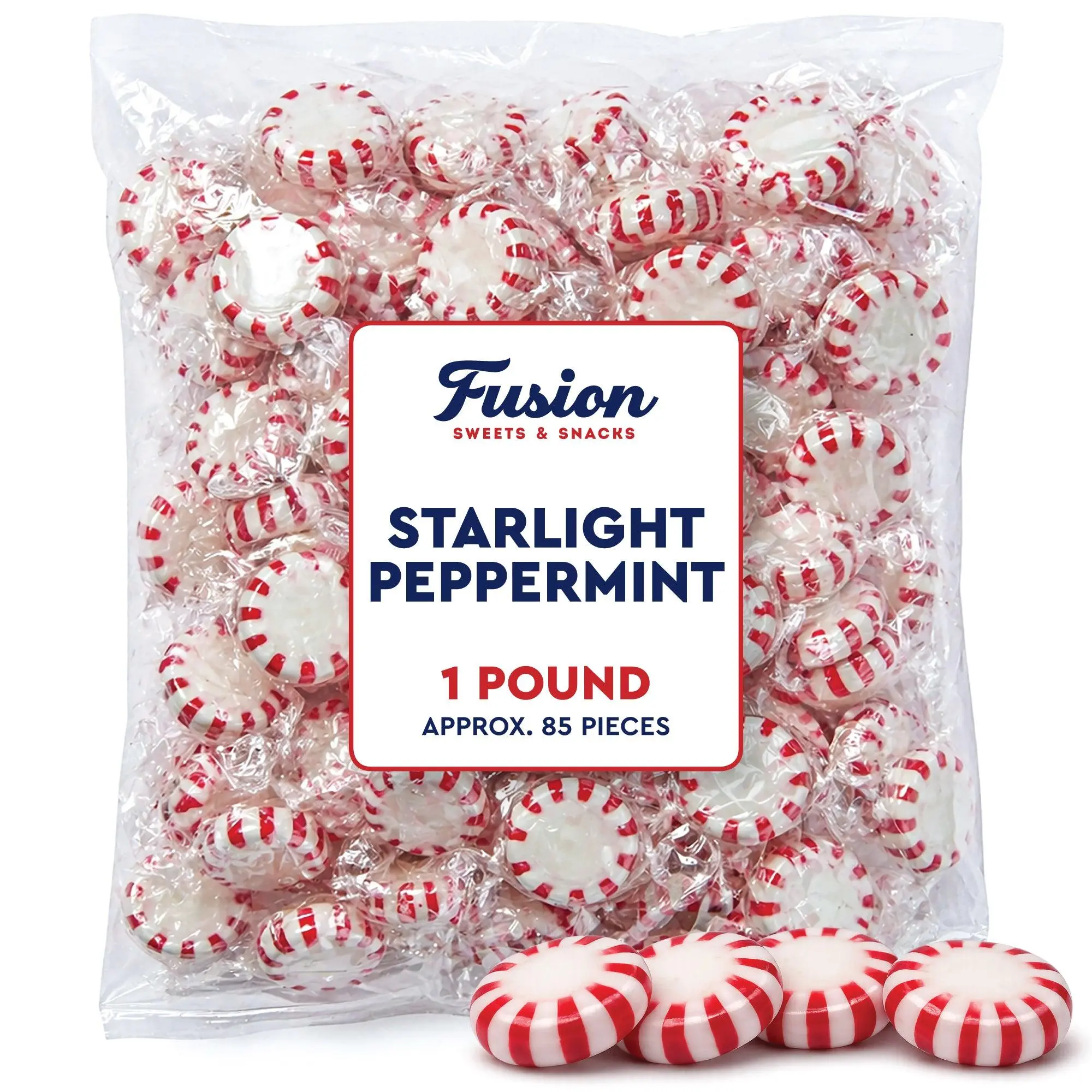 FUSION SWEETS AND SNACKS Starlight Peppermint Hard Candy - 1 lb Bulk Individually Wrapped Snack, Refreshing Cholesterol-Free Sweet, Heat-Sealed Bag, 24-Month Shelf Life, Holiday Valentines Day Treat for Fresh Breath & Cupboard Storage