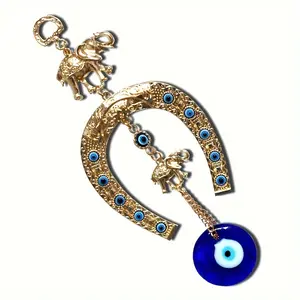 [Lucky Turkish Amulet] Turkish Blue Eye Horseshoe Wall Hanging Amulet| 1Count Ethnic Lucky Pendant with Elephant and Ribbon for Home & Car Decoration
