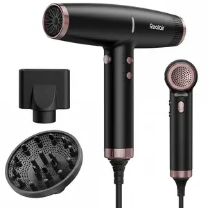 Realair High Speed Ionic Hair Dryer with Diffuser for Curly Hair, 110,000 RPM Brushless Motor Fast Drying Blow Dryer, 200M Negative Ions for Frizzy Hair, Quiet Travel Dryer with Secure Snap-on Nozzle