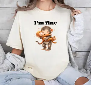 Sad Monkey Meme “I’m Fine” T-Shirt – Orange Plush Toy Graphic, Heavyweight Vintage Style Unisex Tee