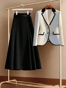 Women's Single-Breasted Contrast Trim Blazer & A-Line Skirt Elegant Casual Commute Fashion French Street Vintage Business Holiday Outfit, Apricot Blazer & Brown Skirt, Autumn/Winter 2-Piece Suit