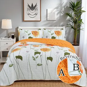 Luxurious 3 Piece 100% Cotton Sunflower Quilt Set Lightweight Breathable Bedspread with Reversible Design & Pillow Shams for Queen/King Size Bed