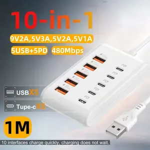 10-Port 66w USB Charger, 5 USB + 5 PD Ports, Wall-Mount Type-C Multi-Device Charger, 1m Cable, Qc3.0 Fast Charging, Compatible with Multiple Devices