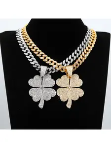 Creative Stylish Four-Leaf Clover Necklace Pendant Full Diamond Alloy Cuban Chain Necklace for Women Girls Fashion Jewelry Gift