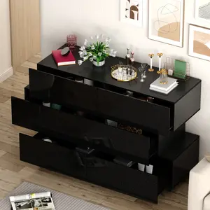 FUFU&GAGA Modern Dresser Storage Chest with 6 Drawers & Stylish Shape, Wood Double Dresser Chest with Glossy Surface for Bedroom Mdf Cabinets Black Furniture