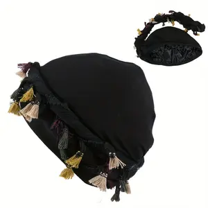 Men Hair Protection Tail Hat Retro Tassel Headband Beanie, Twist Headscarf Pirate Cap