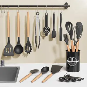 Silicone Cooking Utensils Set, 30pcs/set Heat-resistant Silicone Kitchen Utensils Set with Wooden Handle, Kitchen Utensils Set for Non-stick Cookware