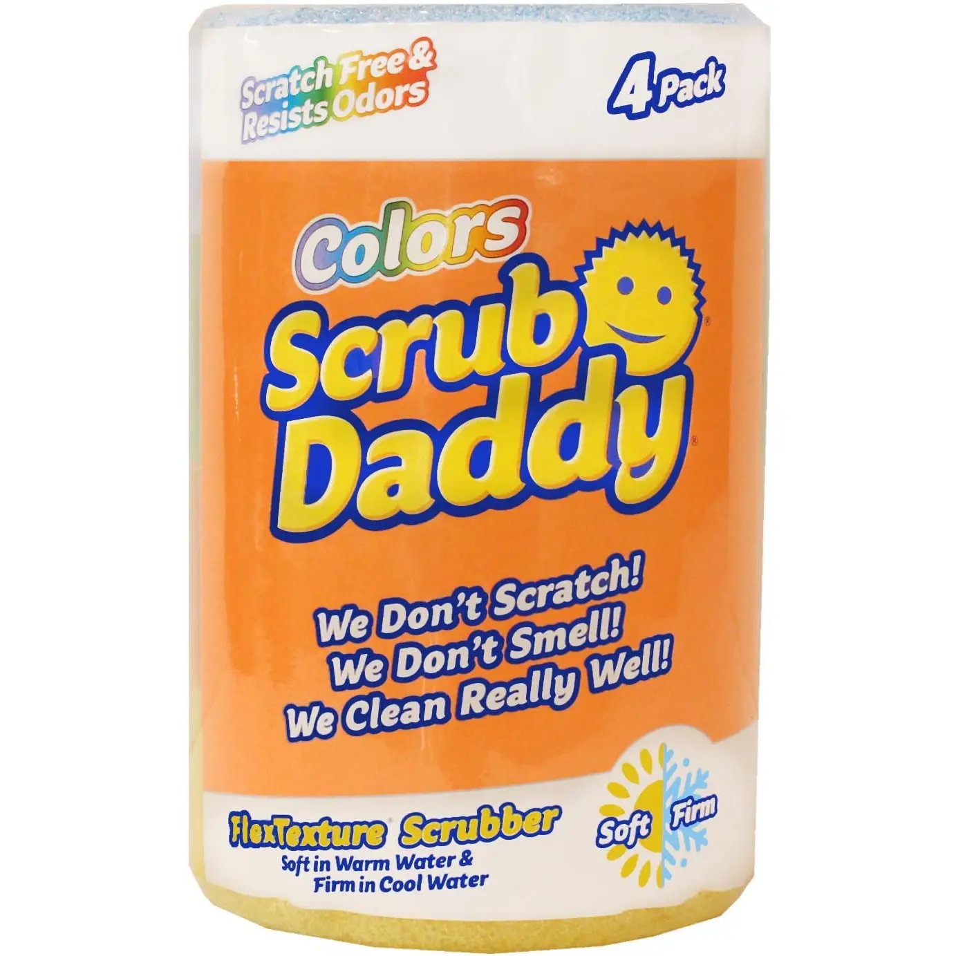 Scrub Daddy Colors - Soft in Warm Water, Firm in Cold, Deep Cleaning, Dishwasher Safe, Multi-Use, Scratch Free, Odor Resistant, Functional, Ergonomic, 4Counts Scrub Daddy
