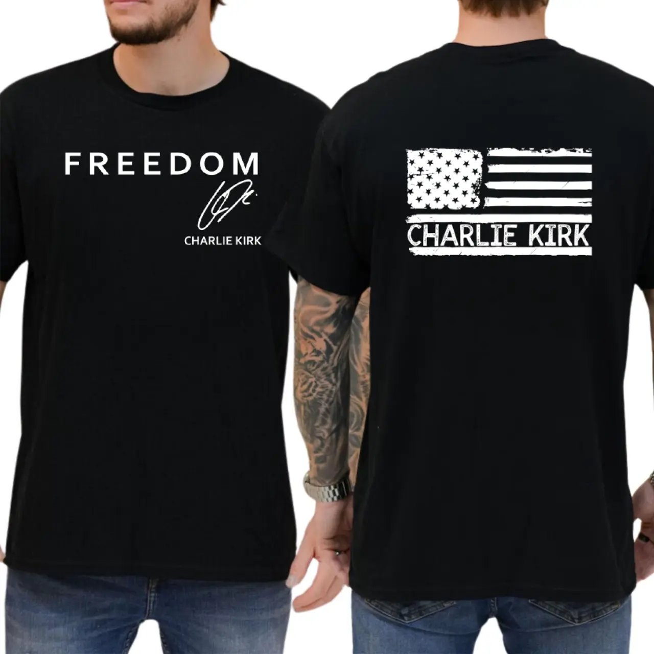 Patriotic Freedom Charlie Kirk USA Flag Short-Sleeve T-Shirt, Menswear Top, Casual Unisex Cotton Clothes, Streetwear Style, S-4XL Sizes, All Colors
