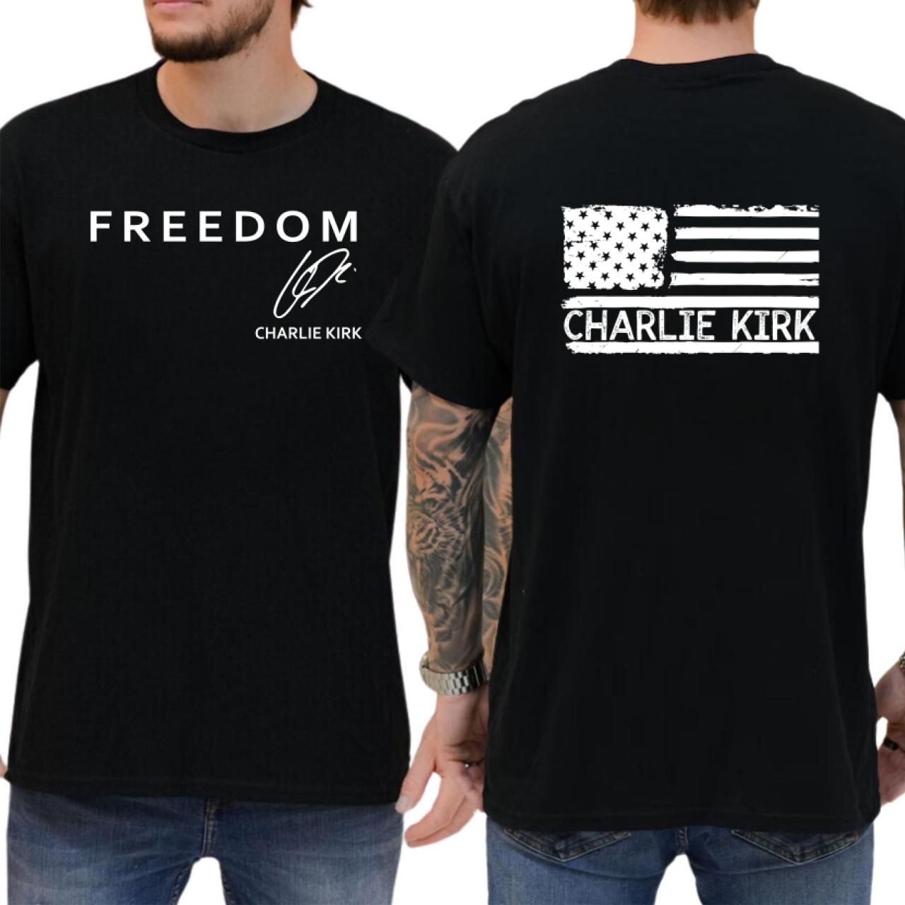 Patriotic Freedom Charlie Kirk USA Flag Short-Sleeve T-Shirt, Menswear Top, Casual Unisex Cotton Clothes, Streetwear Style, S-4XL Sizes, All Colors