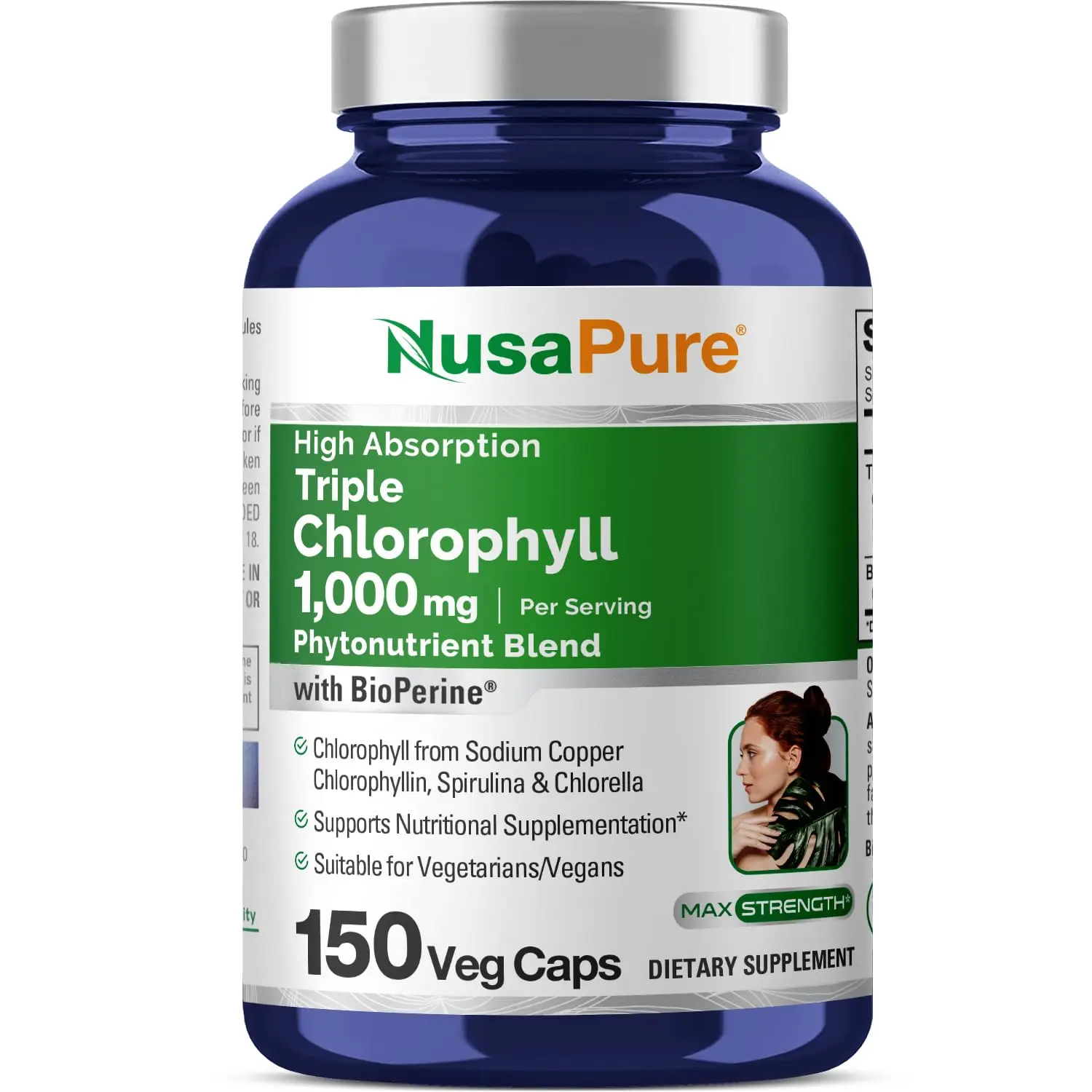NusaPure High Absorption Triple Chlorophyll Capsule Vitamins Supplements - 1000 mg per Serving, 150 Vegan Plant-Based Veg Capsules, GMP-Certified, 75-Day Supply, GMO-Free, Vegetarian-Friendly, Plant-Based Vitamins Supplements