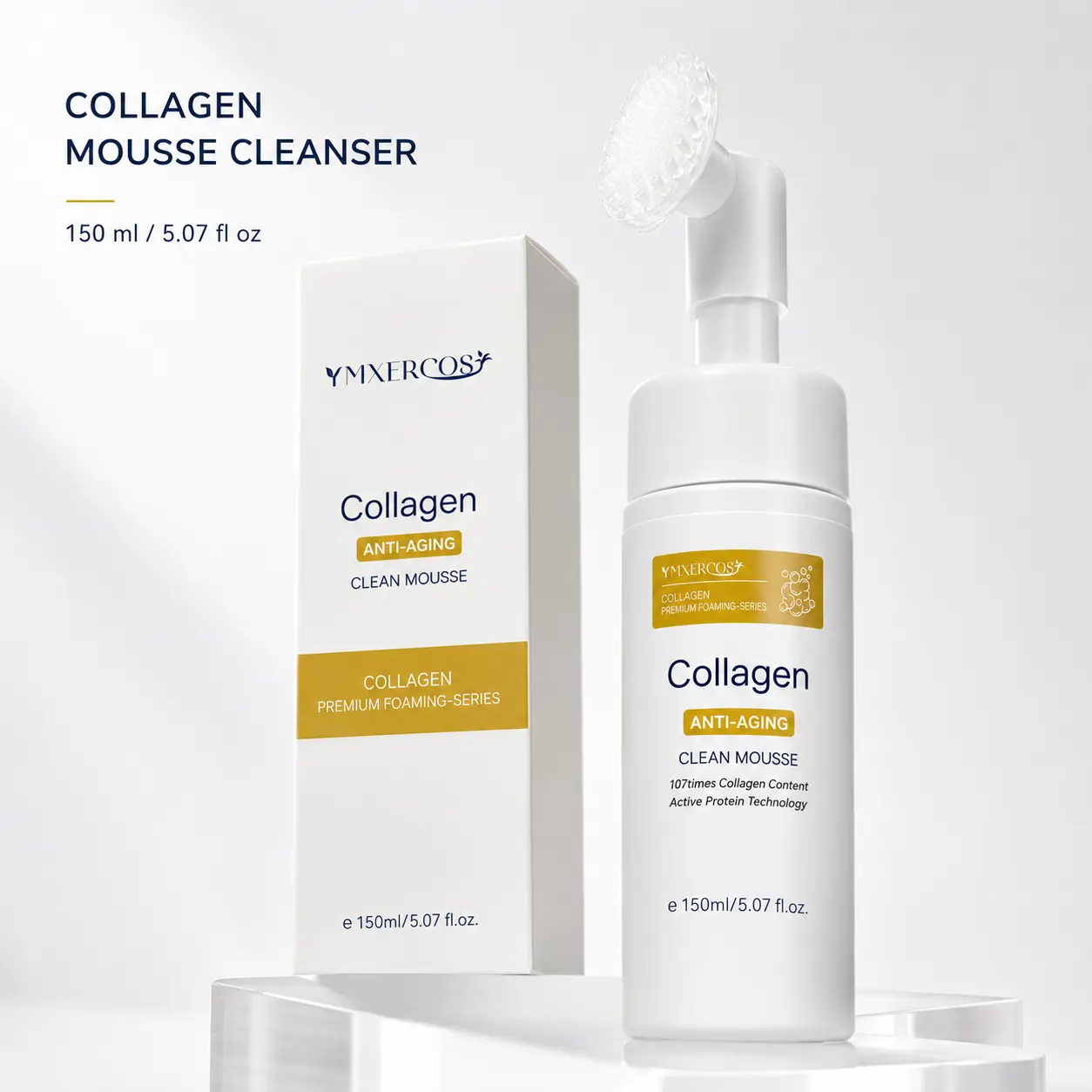 YMXERCOS Collagen Foaming Face Wash with Silicone Cleansing Brush, Deep Pore Cleansing Mousse for Oil Control & Moisturizing, Gentle Facial Cleanser for All Skin Types, 150ml