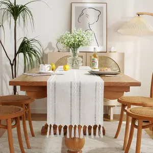 Rustic Farmhouse Style Table Runner, Boho Tassel Embroidered Table 72 Inches Long for Holiday Party, Wedding and Dining Decorations, 13 x 72 inch - Ivory