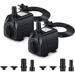 Fountain Pump, 2 Packs 220GPH(15W 900L/H) Submersible Water Pump, Durable Outdoor Water Pump with 7.2ft(2.2m) Power Cord, 3 Nozzles for Aquarium, Pond, Fish Tank, Water Fountain