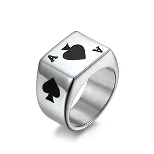 Ace of Hearts Ace of Spades Titanium Steel Ring Men's Lucky Poker Card Ring Jewelry