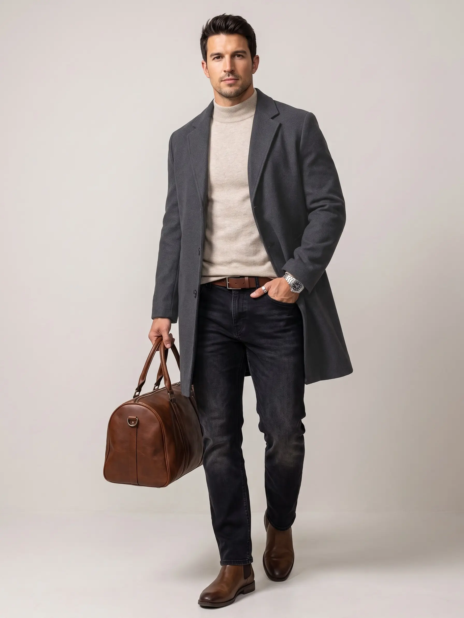 KZZ Men's Long-Sleeve Classic Plain Button-Front Lapel Neck Midi Jacket - Regular Fit, Fall Winter Casual Wear, Beige Khaki, Christmas Gift for Him, Menswear Coat
