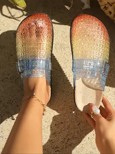 Summer New Retro Vintage Multicolor Roman Sandals for Women, Open Toe Thick Sole Anti-Slip Buckle, Casual Beach Shoes, PU Leather, Rubber Sole