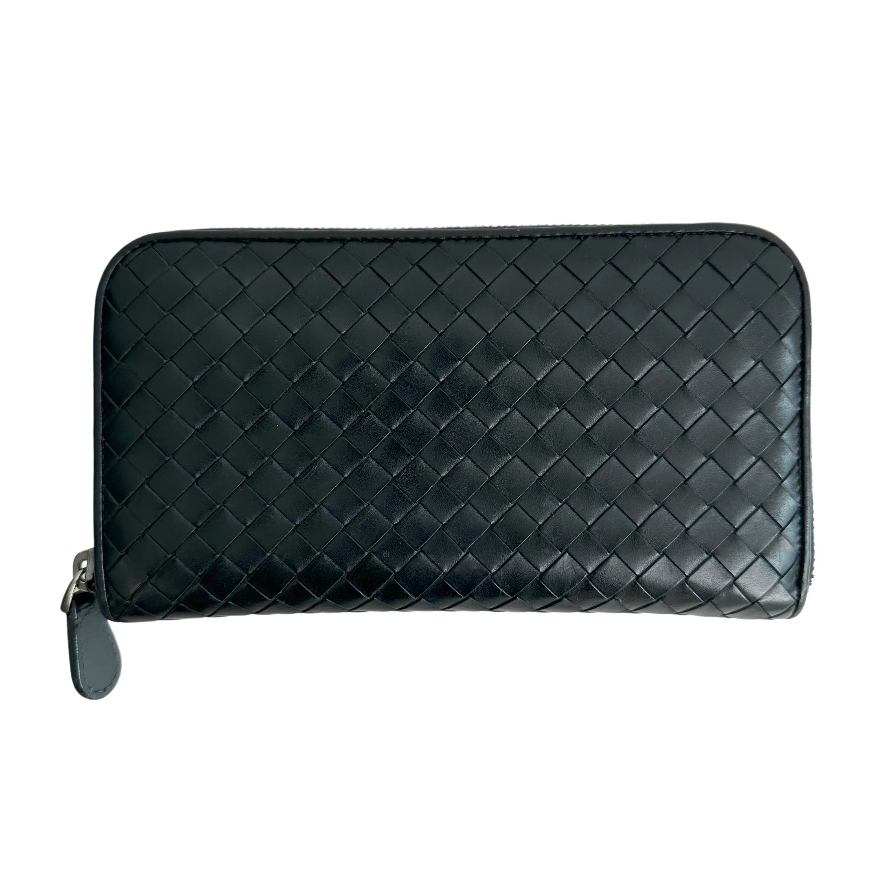 Pre-owned Leather Clutches & Wristlets Bottega Veneta Long Woven Zip Coin Wallet — Black