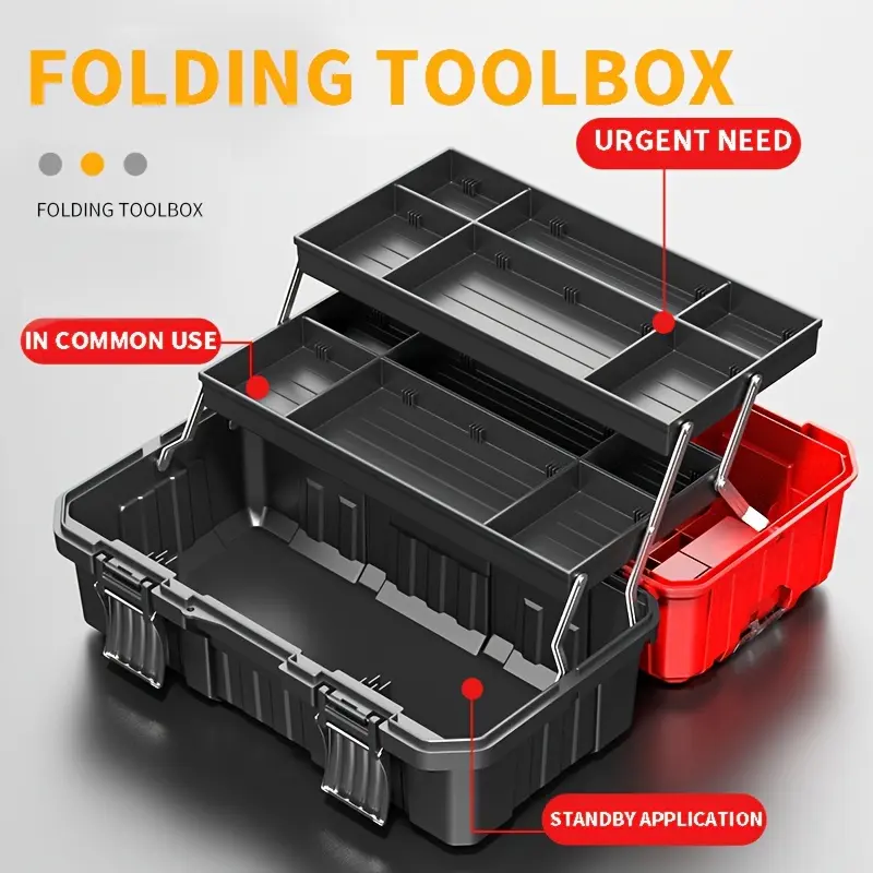 OUDISI 21-in Heavy-Duty Plastic Folding Workbench Toolbox, 3-Layer Organizer with Tray, Dividers, Tool Pockets, Shockproof Wear-Resistant Portable Storage Solution for Tools & Hardware