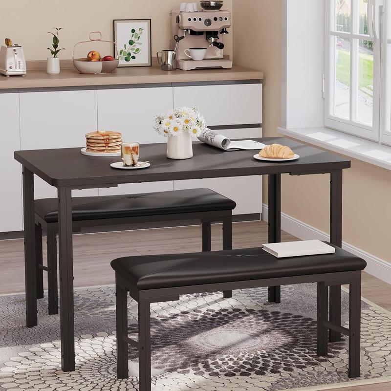 Black 3-Piece Modern Dining Set for 4 - Apartment Furniture with Kitchen Table, 2 Upholstered Benches, Waterproof Top, Sturdy Metal Frame, 55lbs Capacity, Space-Saving for Breakfast Nook, Small Spaces