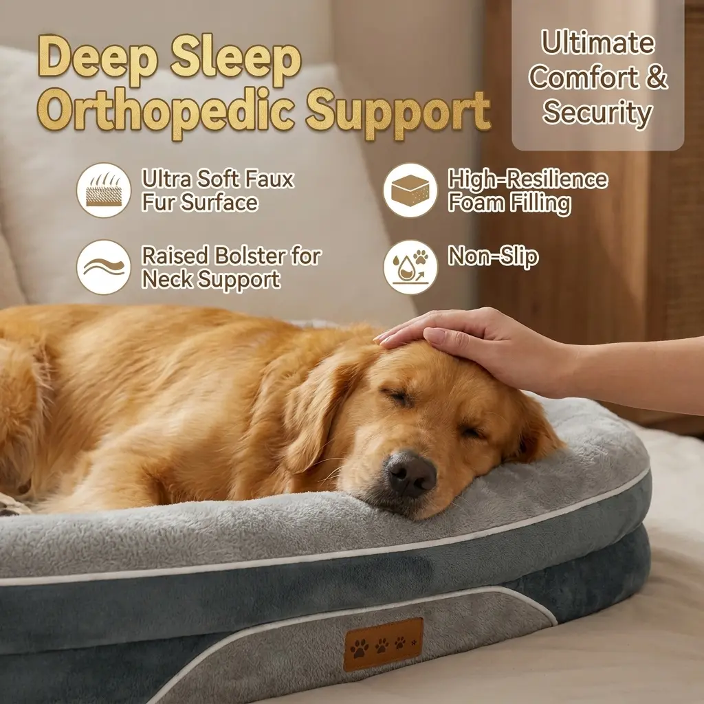 XL/2XL/3XL Orthopedic Dog Bed, Extra Large Dog Bed, Dog Sofa for Large Sized Dogs with Full-Surround Bolsters, Dual-Sided Dog Cooling Bed with Memory Foam, Washable Sofa with Nonslip Bottom, Light Grey