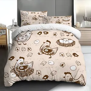 3pcs Hen Chicks Nest Floral Decorative Bedding Set Soft & Breathable - Includes Duvet Cover and Pillowcases, Bedding set king size Perfect for All Seasons, Machine Washable - Ideal Spring or Easter Gift for Family and Friends