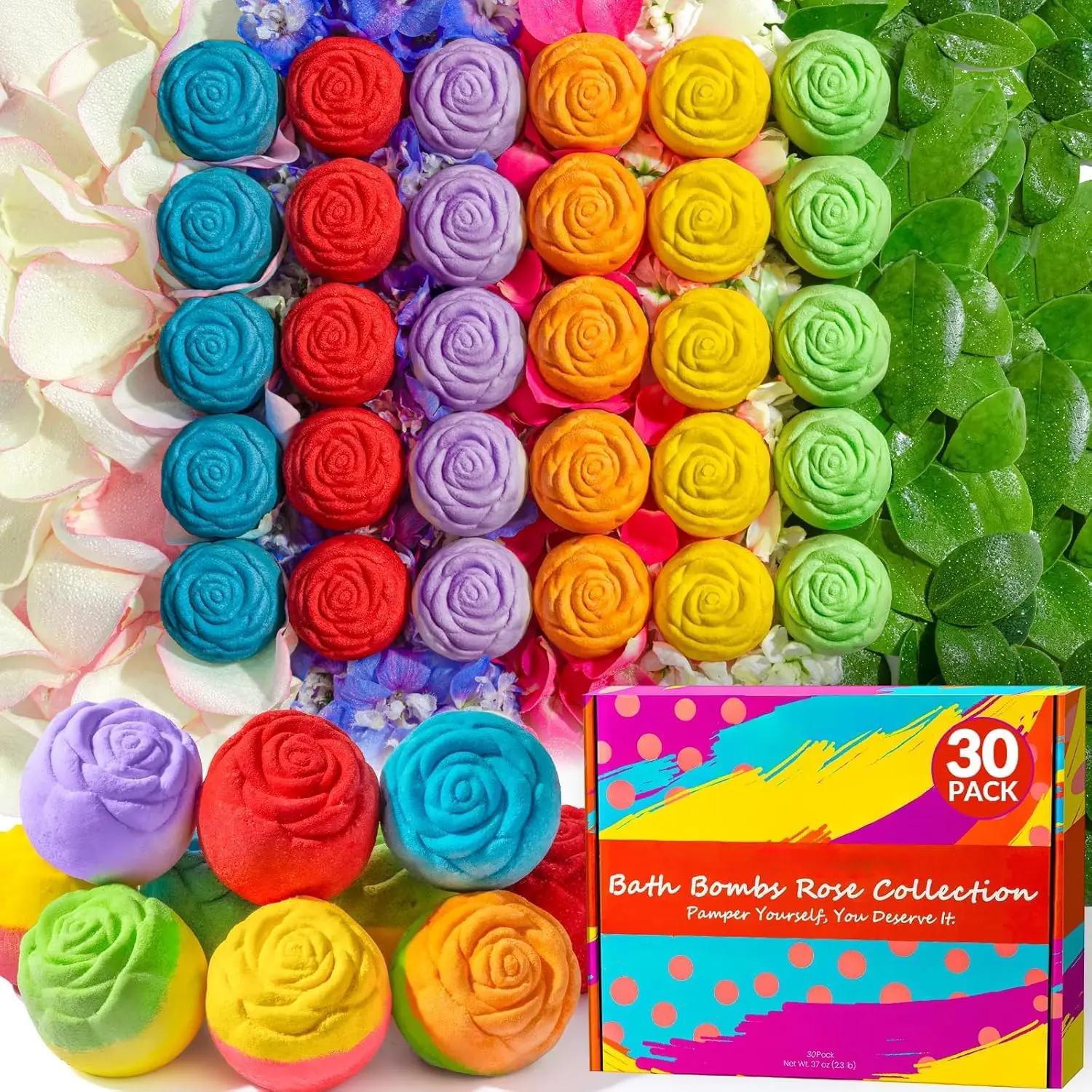 30 Rose-Shaped Paraben-Free Scented Aroma Flower Bath Bombs - Handmade, Gentle, Nourishing Natural Essential Oil Bath & Body Care (6 Scents: Lavender, Chamomile, Lily, Jasmine, Soothing) - Organic Spa Gifts for Women for Mother's Day, Valentine's Day, Flo