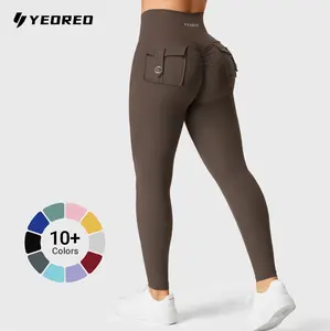 YEOREO CoreFlex Women’s Scrunch Leggings with Pockets High Waist V Cross Yoga Pants Butt Lifting Workout Tights Fitness Seamless Athletic Stretchable Greenish