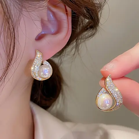 Faux Pearl & Rhinestone Decorated Dangly Earrings High Quality Earrings (1 Pair), Elegant for Women & Girls, Trendy All-match & Exquisite Sparkling Ear Jewelry, Stylish Jewelry, Dangling Earrings for Birthday Gift