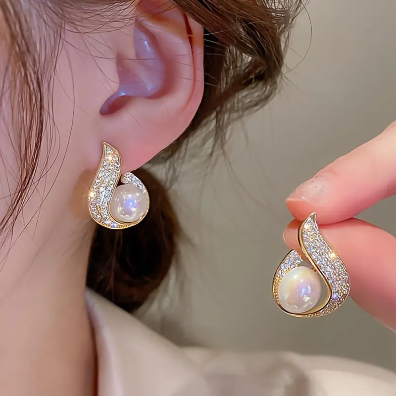 Faux Pearl & Rhinestone Decorated Dangly Earrings High Quality Earrings (1 Pair), Elegant for Women & Girls, Trendy All-match & Exquisite Sparkling Ear Jewelry, Stylish Jewelry, Dangling Earrings for Birthday Gift