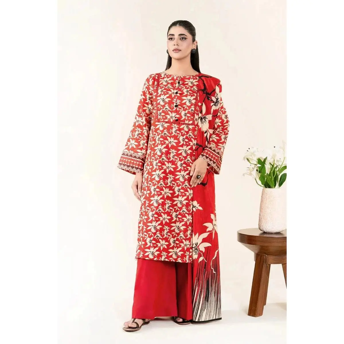 Women's 3PC Stitched Printed Lawn Clothing Set - Elegant Breathable Shirt, Trousers/Pants/Leggings, Lawn Dupatta, Classic Casual Complete Suit | KLP-3914, Stitched Detail